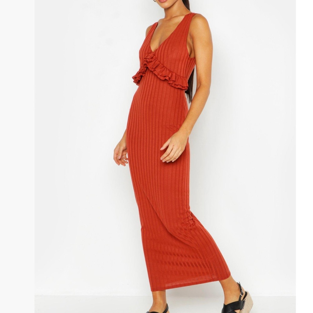 rib ruffle v neck maxi dress Xs US4